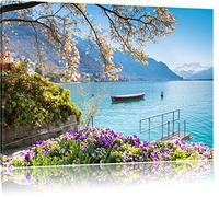 Pixxprint Lac Léman au Soleil Photo sur Toile | Taille: 60x40 cm | Peinture Murale | Art Print | prêt Couvert