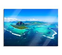 Pixxprint Tableau mural en verre véritable, vue de haut de l'île de rêve Maurice, 60 x 40 cm, avec suspension et entretoises
