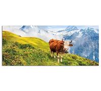 Pixxprint Tableau panoramique en verre véritable avec motif vache sur une alpe verte dans les montagnes, 120 x 50 cm, avec suspension et entretoises