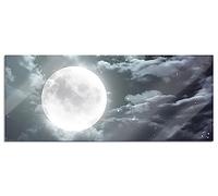 Pixxprint Tableau panoramique en verre véritable - Motif pleine lune - Étoiles et nuages - 120 x 50 cm - Avec suspension et entretoise