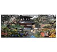 Pixxprint Tableau panoramique en verre véritable Temple Ginkaku-ji à Kyoto 120 x 50 cm avec suspension et entretoises