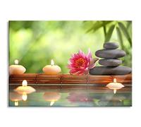 Pixxprint Tableau sur verre | Tableau mural en verre véritable | Nénuphar avec pierres zen dans le temple | 80 x 60 cm | Avec suspension et entretoises