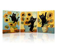 Piy Painting 3 Parties Chat noir et tournesol Tableau Déco Murale Plantes et animaux Impression Painting Sur Toile Salon Moderne Tableaux Decoration Peinture Toile Affiche Chambre Bureau 30×40cm