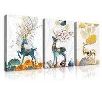Piy Painting 3 Parties Impression Sur Toile Animal moderne Tableaux Déco Muraux Salon Cerf bleu-vert et or Affiche Decoration Painting Poster Peinture Sur Toile Art Mural Chambre 30×40 cm/16×12inch