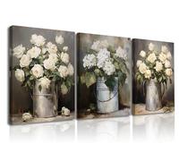 Piy Painting 3 Parties Impression sur Toile Fleurs Roses Blanches Image sur Toile Peinture Tableau Decoration avec Cadre Intérieur Floral Art Mural sur Toile pour Salon Salle de Yoga 30x40cm