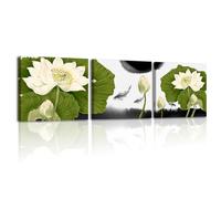 Piy Painting 3 Pièces Fleur de Nénuphar naturelle Impression Sur Toile Feuille de vert Tableaux Déco Muraux Salon Affiche Decoration Painting Poster Peinture Sur Toile Art Mural Chambre 30×30 cm