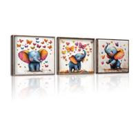 PIY PAINTING 3 Pièces Impression Sur Toile Animalière, Peinture Murale Éléphant Mignon, Art Mural En Toile Papillon Coloré, Impressions d'Art Pour Chambre à Coucher Salon, Avec Cadre En Bois, 30X30 CM