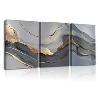 Piy Painting 3 Pièces Moderne Image Sur Toile, Gris Doré Abstraite Toile Murale, Minimaliste Muraux En Canvas, Peinture Décoration Avec Cadre Intégré Pour Salle De Bain, Séjour, Entrée, 3x 40x30 cm