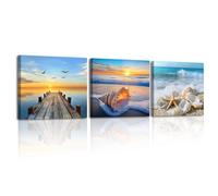 Piy Painting 3 Pièces Tableau Déco Murale Moderne Plage de Mer Impression Painting Sur Toile Paysage de Coucher de Soleil Tableaux Decoration Peinture Nature Affiche Art Chambre Salon Bureau 30×30cm