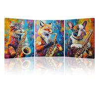 Piy Painting 3 Pièces Tableau Décoration Abstrait-Animals Saxophone-Tableau Sur Toile-Chat, chien et renard-Impression Sur Toile-Art Mural-Tableaux Salon Cuisine Salle De Bain 30×40cm