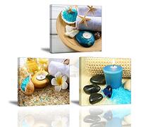 Piy Painting 3X Impression Contemporain sur Toile Spa Yoga Peinture en Bleu Bougie Pierre de médecine Tableaux Home Déco, Impermeable, Prête à Poser, Mur Art pour Cuisine Salle Bain 30x30cm