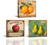 Piy Painting 3x Impression sur Toile de Fruits, Oranges, Pommes, Poires, Peinture sur toile de style journal ancien 30x30cm avec Cadre Intérieur Tableaux sur toile pour Salle de Bain Corridor Bar