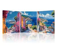 Piy Painting 3X Impression sur toile Maison en bord de mer, Seascape Peinture à l’huile paysage Décorations Murales, Tableau sur Toile pour Salon Salle à manger Bureau Cadeau 30x40x1.5cm, Encadré