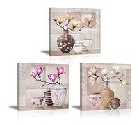 Piy Painting 3x Tableau de Fleurs de Magnolia Colorées Impression sur Toile Fleurs Image Photo Prêt Accrocher Peinture pour Hôtel Cabinet de Travail Décoration Mural 30x30cm chez