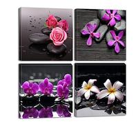 Piy Painting 4 Pièces Fleurs Tableau Peinture Sur Toile, Moderne Orchidée et Galets Mural Foto Chambre Décor -Plantes Vives Art Poster Cadre Photo Decoration pour Le Cadeau (30x30cm)