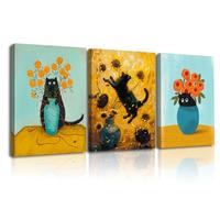 Piy Painting Animaux Impression Peinture, Chat Adorable Fleurs Tableau d'Art Mural, Jaune Vert Rouge Colorée Abstraite Canvas Image, Encadré Pour Escalier, Chambre d'Enfant, Cadeau, 3x 40x30 cm