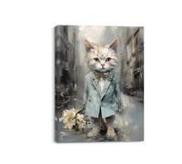 Piy Painting Art Mural En Toile Animalier, Impression Sur Toile De Chatons, Affiche d'Art Bleu Gris Pour Le Salon Entrée Hall d'Entrée Café Studio De Yoga, Avec Cadre Intégré, 30x40 cm