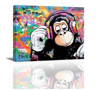 Piy Painting Art Mural En Toile Animalier, Imprimé Sur Toile Chimpanzé, Art Mural, Chimpanzé Écoutant De La Musique, Facile à Accrocher Pour Chambre Salle De Bain Café, 30X40 CM