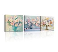 Piy Painting Art mural en toile Bouquet floral dans un vase, Tableau sur Toile de fleurs colorées, Tableau mural Pour le salon Chambre à coucher Bureau, Avec Cadre Intégré, 3x 30x30cm /90x30 cm