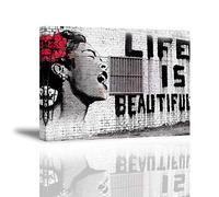 Piy Painting Banksy Graffiti Art Décor Impression sur toile Image Peinture Tableaux de la Mur Imperméable prete à suspender Décoration moderne pour la salle chamber, La vie est belle 30x40cm