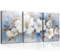 Piy Painting Fleurs Peinture Sur Toile, Impressions Murales Romantique, Art Mural Encadré Bleu Blanc, Grande Tableaux En Toile Facile à Suspendre Pour Salon, Chambre à Coucher, Cuisine, 3x 58x40 cm