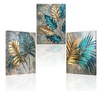 Piy Painting Grande Toile Murale, Impressions Sur Toile Feuilles Dorées Et Vertes, Botanique Canvas Image Pour Chambre à Coucher, Salon, Salle à Manger, 3x 58x40 cm, Cadre Intégré, Impression HD