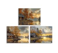 Piy Painting Images En Toile d'Automne, Art Mural En Toile Du Village, Peintures d'Art Mural Sur Lacs, Impressions Sur Toile Pour Le Salon Salle De Bain Entrée Café, Avec Cadre Intégré, 3x30x40 cm