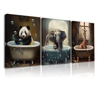 Piy Painting Impression Sur Toile Animal Mignon, Mural En Toile Panda Girafes Eléphants, Toile Decoration De La Salle De Bains Pour Cadeau Anniversaire, Cadre Intérieur En Bois, Lot De 3, 30X40 CM