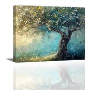 Piy Painting Impression Sur Toile Arbre, Peinture Sur Toile Colorée Jaune Et Bleue, Art Mural Sur Toile Nature Botaniquel Pour Salon Chambre à Coucher Bureau Cuisine, 30x40 CM, Avec Cadre En Bois