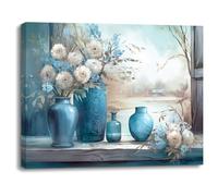 Piy Painting Impression sur Toile Bleue, Fleurs dans un vase Décoration Murale Peinture à l’huile Déco d'art Murale Tableaux Déco Toile pour Maison Bain Salon Chambre 1 panneau 40x30CM Encadré
