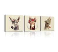 Piy Painting Impression sur Toile Chevaux avec fleurs, Tableaux sur toile d’Animaux Peinture de Décoration Murale pour salon, bureau, couloir, salle de jeux, Cadre en bois intégré, 30x30cm, lot de 3