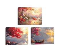 Piy Painting Impression sur Toile de Arbre rouge, Peinture à l’huile paysages, Beauté de la Nature Tableau sur Toile, Décoration Murale Art Affiche pour Salon Cadeau Anniversaire 3 Pièces 40x30cm