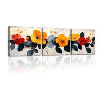 PIY PAINTING Impression sur toile de fleurs, affiche artistique avec fleurs jaunes et rouges, superbes images sur toile, art mural pour salon, bureau, entrée de couloir, bar, 3 pièces 30 x 30 cm