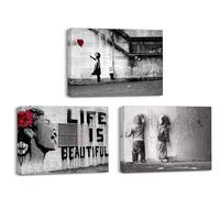 Piy Painting Impression sur Toile de La Vie est Belle, Fille avec Ballon Rouge Graffiti Toile Decoration Murale, Tableaux Déco pour Maison Salon Chambre 3 Panneaux 58x40CM, avec Cadre Intérieur