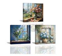 Piy Painting Impression Sur Toile Fleur, Art Mural En Toile Windone, Imprimé d'Art Floral Bleu Poudré, Facile à Accrocher Pour Chambre à Coucher Salon Entrée, 3 Pièces 30x30 cm, Avec Cadre en Bois