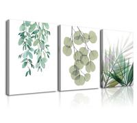 Piy Painting Impression Sur Toile, Images Minimalistes, Feuille Verte Impression Sur Toile, Affiche d'Art Verte Pour Chambre Salle Bain Salle Entrée Hall Entrée, 3 Panneaux 30x40cm (90x40 cm)