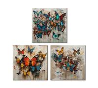 Piy Painting Impression sur toile Papillons colorés, Peinture sur toile, Tableaux sur toile Style rétro, Animal Affiches et Impressions pour Salle de bains Étude 3 pièces 30x30 cm, Cadre Intégré