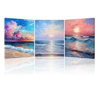 Piy Painting Impression sur toile paysage, Lot de 3 Tableau Decoration Murale, Peinture à l’huile Image sur toile de Vague Océanique, Soleil, Mouette, Déco Muraux pour Chambre Cadeau de fête 30x40cm