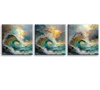Piy Painting Impression sur Toile - Peinture à l’huile des vagues de l’océan - Image sur toile - Tableau Décoration Peinture sur Toile Encadré - Deco Maison, Cuisine, Bureau, Bar, Lot de 3, 30x30 cm