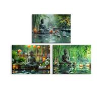 Piy Painting Impression Sur Toile Religieuse, Art Mural Sur Toile Temple Zen, Images Sur Toile De Bouddha, Décoration Murale Peinture Pour Le Hall d'Entrée d'Un Café, 3 Panneaux 30x40cm (90x40 cm)