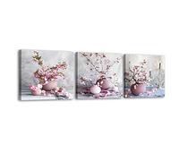 Piy Painting Impressions sur toile thème rose, Peinture à l’huile de fleur de cerisier sur toile, Fleur de pêche, Tableaux murales florales pour Salon Chambre, 30x30cm, avec cadre intérieur, 3 pièces