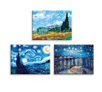 PIY PAINTING Lot de 3 Impression sur toile Starry Night Célèbre reproduction de peinture à l'huile Champ de blé avec cyprè Nuit sur le Rhône paysage naturel Déco d'art Murale pour Salon Cadeau 40x30cm