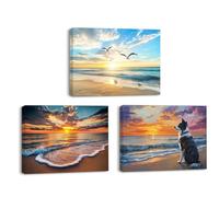 PIY PAINTING Paysage Tableaux En Toile, Lever De Soleil, Coucher De Soleil, Plage Mer Chien Tirages Sur Toile, Muraux En Canvas Pour Bureau Entrée Salle De Bain, Cadre Intégré, 3x 30x40 cm (30x120 cm)