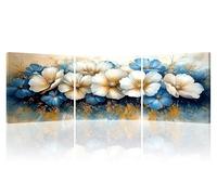 Piy Painting Peinture Murale En Toile Fleur, Impression Sur Toile, Tableau Sur Toile Bleu Et Blanc, Décorations Murales Imprimées Pour Salon Chambre à Coucher Couloir Galerie, 3x 30x30cm/(90x30 cm)