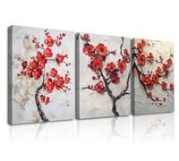 Piy Painting Peinture Murale Fleur De Prunier, Art Mural Sur Toile, Impression Sur Toile Fleur Rouge, Affiches Décorationt Branche d'Arbre Pour Chambre à Coucher Salon Salle De Bain Café, 3x30x40 cm