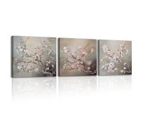 Piy Painting Peinture sur Toile fleur de pêcher, Impression sur Toile Fleurs roses, Décoration Murale Tableau pour Salle à manger Chambre Maison, lot de 3, 30x30cm (90x30cm), Cadre en Bois Intégré