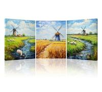 Piy Painting Peintures à l’huile de Moulin à vent imprimées sur toile, Paysage Décoration Murale,Tableau sur Toile Cadeau pour Salon Chambre Maison En cadeau 3pièces 30x40cm Cadre en Bois Intégré