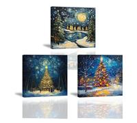 Piy Painting Sapins De Noël Tableau Sur Toile, Paysage Nocturne Tableau Decoration Murale Salon, Tableaux, Arts Décoratifs, Painting Sur Toile, Decoration Murale Peinture Chambre Bureau 3x 30x30 cm