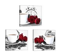 Piy Painting Tableau de Fleur Rose et Tasse à café Image Impression sur Toile Expression Prêt Suspendu pour Salle de Bain Chambre Décor Mural Cadeau Anniversaire 3x30x30cm chez