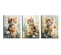 Piy Painting Tableaux Sur Toile Animaux, Affiche Chaton Avec Cadre En Bois, Impression Sur Toile Pour Hôtel Bars Banquets Salle De Yoga, Cadeaux d'Anniversaire, Lot De 3 30x40 Cm/(90x40 Cm)